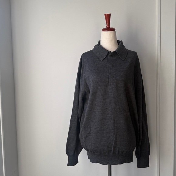 papillon Dark Gray Collared Sweater 1/4 Button Up Top Italian Virgin Wool 52